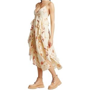 Free People Audry Embroidered Ruffle Ivory Floral Pink Combo Maxi Dress